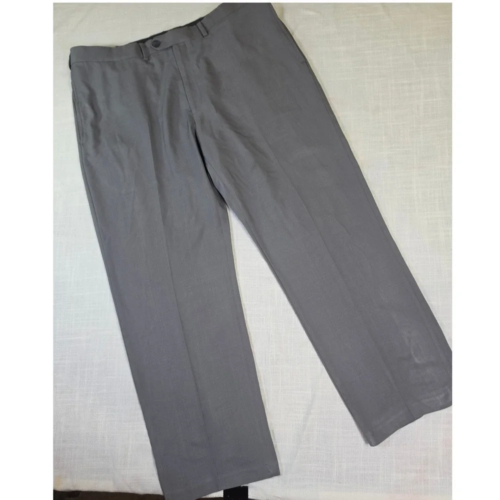 Haggar Classic Fit Eclo Stria Grey Dress Pants Mens 38x30 Flat Front Trousers